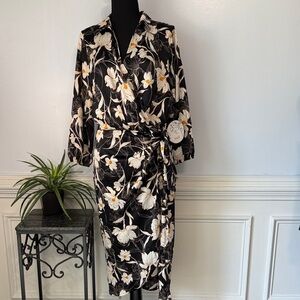 NWT Naif Black Cream Faux Wrap Long Sleeve Lightweight Dress XL